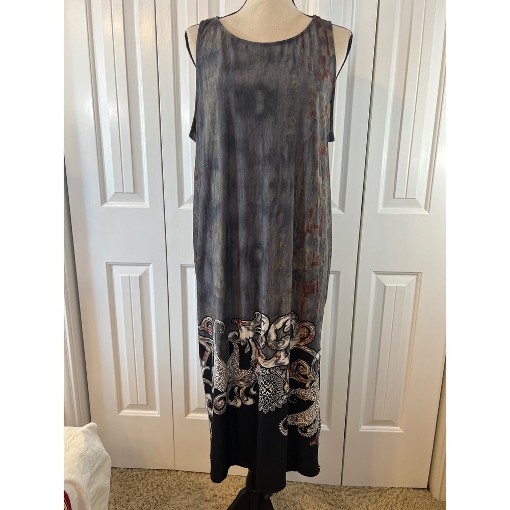 Emerald USA Sleeveless Paisley Abstract Border Print Shift Dress Grey Red 3X